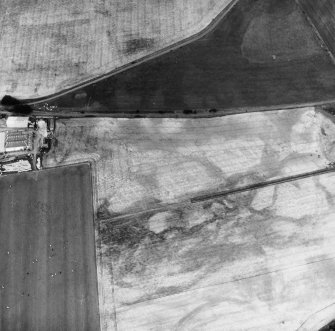 Kirkton Mill, oblique aerial view, taken from the SSE, centred on the cropmarks of a round house and rig.