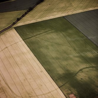 Powis, oblique aerial view taken from the SSE, centred on the cropmarks of a possible cursus, an  enclosure, barrows, pits and rig.  The cropmarks of a second enclosure and an unenclosed settlement are also visible in this photograph to the bottom right hand corner.