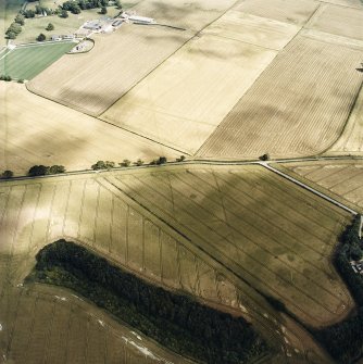 Oblique aerial view centred on the cropmarks of the cursus, enclosed and unenclosed settlement, rig, ring-ditch, barrows and an enclosure, taken from the WNW.