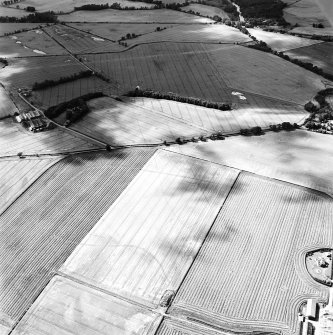 Oblique aerial view centred on the cropmarks of the cursus, enclosure, rig, barrows, and ring-ditch, taken from the SE.