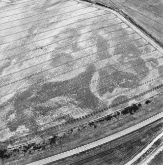 Oblique aerial view of Purlieknowe centred on the cropmarks of a pit-defined cursus with linear cropmarks and a possible pit-alignment adjacent, taken from the SSE.
