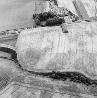 Oblique aerial view of Fernyflatt centred on cropmarks, including those of possible round-houses and an enclosure and pits with a farmsteading adjacent, taken from the N.