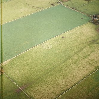 Oblique aerial view centred on the remains of the stone circle and cairn, taken from the SW.