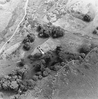 Oblique aerial view centred on the remains of the burial-ground and church, taken from the WNW.