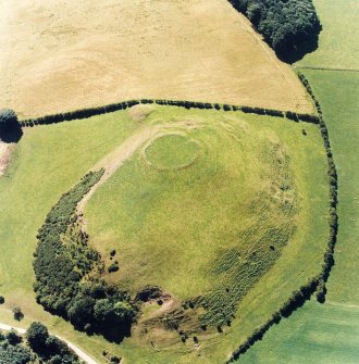 Oblique aerial view of Dowan's Hill centred on the remains of a fort with the cropmarks of another possible fort and rig adjacent, taken from the NE.