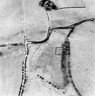 Oblique aerial view centred on the remains of the homestead moat, quarry and rig, taken from the NE.