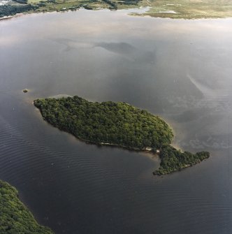 Oblique aerial view centred on Clairinsh Island with crannog adjacent, taken from the WSW.