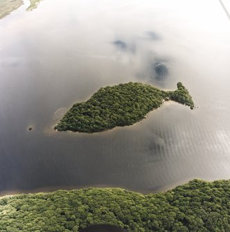 Oblique aerial view centred on Clairinsh Island with crannog adjacent, taken from the NW.