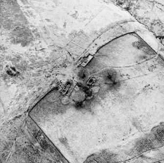 Oblique aerial view centred on the remains of the farmstead, field banks, rig and tower-house, taken from the ENE.