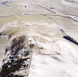 Black Hill, Lesmahagow, oblique aerial view, taken from the N, centred on the fort, settlement and cairn.