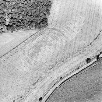 Oblique aerial view centred on the cropmarks of the fort, taken from the WSW.