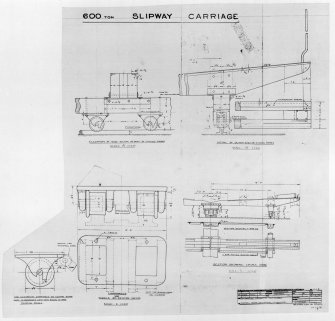 Aberdeen, Hall Russell Shipyard.
Copy of Elevation, details (1.5in=1ft), sections (0.5in=1ft)
Insc:'600 Ton Slipway Carriage'
annotated 'sheet 6 of 8'
See MS/744/11, DC 27279, DC27279-80, DC27282