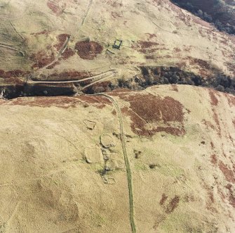 Oblique aerial view of Third and Second Inchna Burn centred on the remains of farmsteads, taken from the WNW.