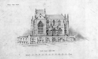 Photographic copy of drawing showing proposed reconstruction of Trinity College Church 
Insc: 'Elevation towards Market Street. Copied from drawing made by David Bryce - 1855'
Unsigned. Dated "Nov 1943". Pencil. Scale 1":16'