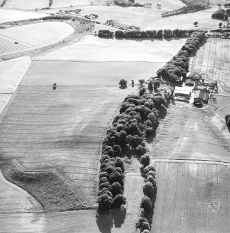 Oblique aerial view centred on the cropmarks of the Roman Fort with the farmstead adjacent, taken from the E.