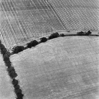 Raeburnfoot, oblique aerial view, taken from the NE, centred on the bank barrow. Raeburnfoot Roman Fort, and enclosures at Kiln Syke, are visible in the top left-hand corner of the photograph.