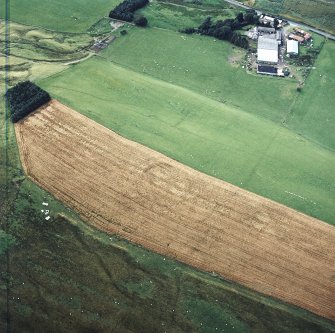 Oblique aerial view centred on the cropmarks of the fort with the farmsteading adjacent, taken from the SE.