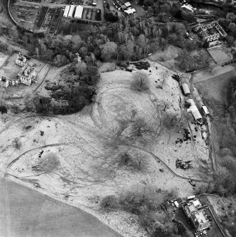 Oblique aerial view of Mavisbank House and Blairesk Hall centred on the country houses and earthwork, taken from the WNW.