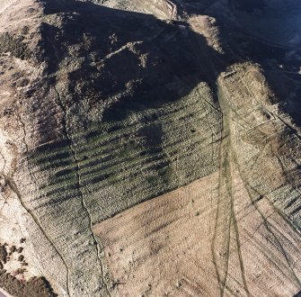 Oblique aerial view of Holyrood Park centred on the remains of cultivation terraces and an enclosure, taken from the E.