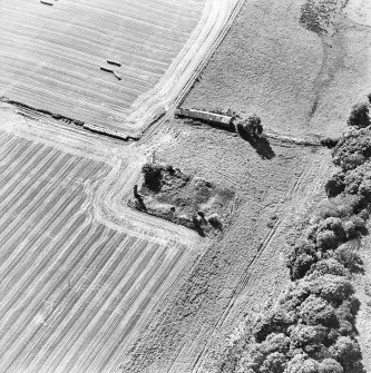 Oblique aerial view centred on the remains of the house with building adjacent, taken from the NE.