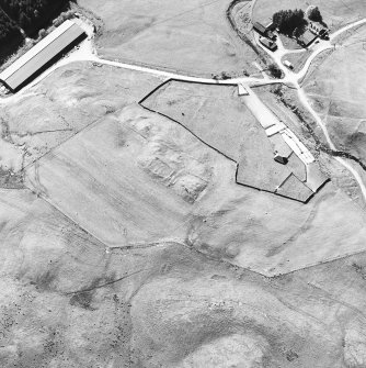 Oblique aerial view centred on the remains of the possible farmstead with the remains of the castle adjacent, taken from the E.
