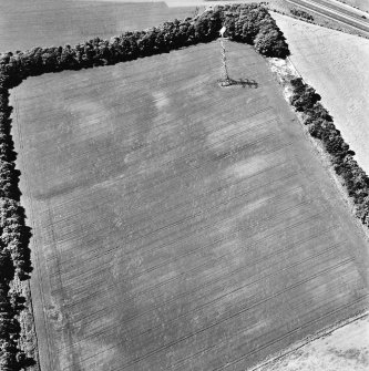 Castlesteads, oblique aerial view, taken from the ENE, centred on the cropmarks of a pit alignment and enclosure. A dovecot is visible in the top centre of the photograph.
