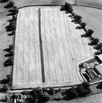 Woodhead, oblique aerial view, taken from the NW, centred on the cropmarks of the N corner of a Roman enclosure.