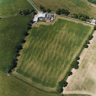 Oblique aerial view centred on the cropmarks of the Roman enclosure, taken from the ESE.