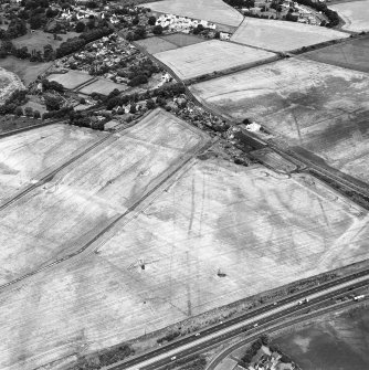 Westfield, Inveresk, oblique aerial view, taken from the S, centred on the cropmarks of a cursus monument and internal ring-ditch. The cursus is bisected by the cropmark of a dismantled mineral railway.