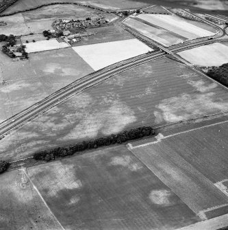 Monkton Lodge and Castlesteads, oblique aerial view, taken from the SSE, centred on a series of linear cropmarks and pits. Cropmarks of two pit-alignments are visible in the bottom half of the photograph.