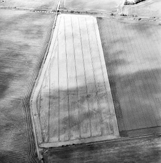 Oblique aerial view centred on the cropmarks of the coal pits, field boundary and linear and macular cropmark, taken from the SE.