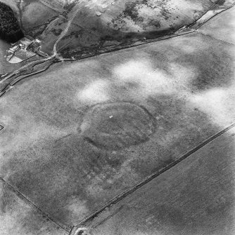 Huntly Burn, oblique aerial view, taken from the N, centred on the cropmarks of two settlements, and an area of rig and furrow cultivation.