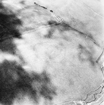 Huntly Burn, oblique aerial view, taken from the SE, centred on the cropmarks of a settlement and rig.  A second enclosure is partly visible in the upper left of the photograph.