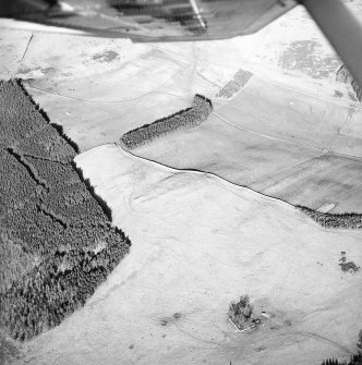 Oblique aerial view centred on the remains of enclosures, taken from the SW.