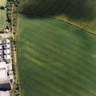 Oblique aerial view centred on the cropmarks of the fort with maltings adjacent, taken from the WNW.