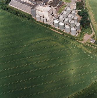 Oblique aerial view centred on the cropmarks of the fort with maltings adjacent, taken from the SSE.