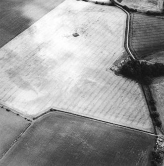 Oblique aerial view centred on the cropmarks of the settlement and enclosure, taken from the NW .
