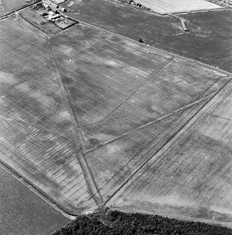 Oblique aerial view centred on the cropmarks of the road and field boundaries with cinema, chapel and gymnasium adjacent, taken fron the ESE.