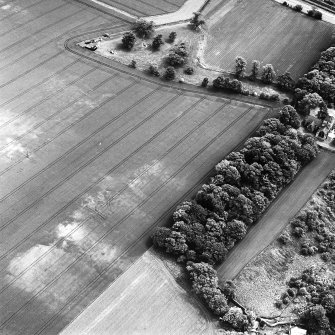 Seton Chapel, oblique aerial view, taken from the NW, centred on the cropmarks of a ring-ditch and pits. Seton Collegiate Church is visible in the centre right of the photograph.