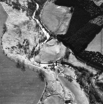 Fast Castle, oblique aerial view, taken from the NNW, showing the motte in the centre of the photograph. In the bottom right-hand corner a small patch of rig is visible.