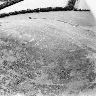 Oblique aerial view centred on the remains of the kerb cairn with rig adjacent, taken from the WNW.