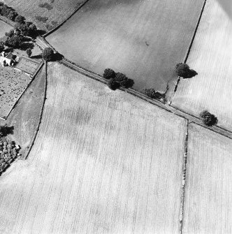 Oblique aerial view centred the cropmarks of the field boundary with church, burial ground and burial enclosure adjacent, taken from the ESE.