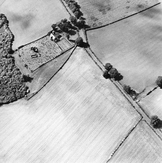 Oblique aerial view centred the cropmarks of the field boundary with church, burial ground and burial enclosure adjacent, taken from the E.