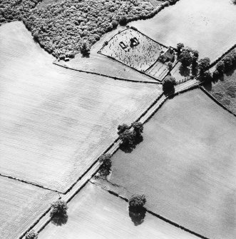 Oblique aerial view centred the cropmarks of the field boundary with church, burial ground and burial enclosure adjacent, taken from the NNE.