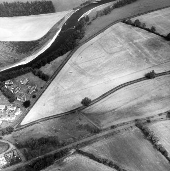 Newstead, Roman fort and temporary camps: air photograph showing fort (NT 569 344), Western annexe (NT 567 343), 160-acre temporary camp (NT 567 337) and linear feature (NT 565 341).
