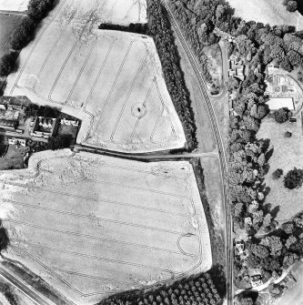 Broomhill, Newstead and Ravenswood, oblique aerial view, taken from the SSE, centred on linear cropmarks and the SE side of a Roman Temporary Camp. The site of a Roman Temporary Camp and Ravenswood walled garden and the South and North lodge are visible in the right half of the photograph.