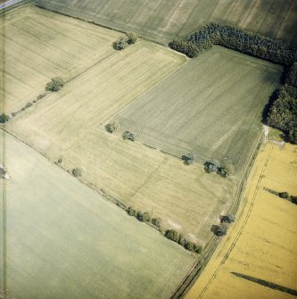 Oblique aerial view centred on the cropmarks of the Roman temporary camps and enclosure with the southern annexe adjacent, taken from the SW.