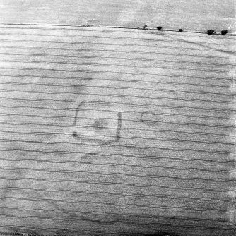 Huntington, oblique aerial view, taken from the SE, centred on the cropmarks of a settlement and a barrow, and showing a linear cropmark in the top right-hand corner of the photograph.