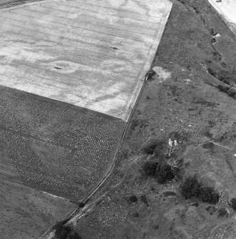 Oblique aerial view centred on the remains of the castle with linear cropmarks adjacent, taken from the SSE.