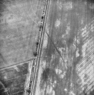 Oblique aerial view centred on the cropmarks of the Roman temporary camp, taken from the NNW.